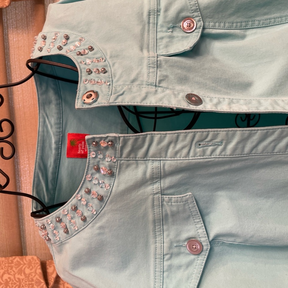 HEARTS of PALM Woman Mint Green Suit JACKET Sz 16W/Pants Sz 18W Beaded accents - Picture 2 of 16